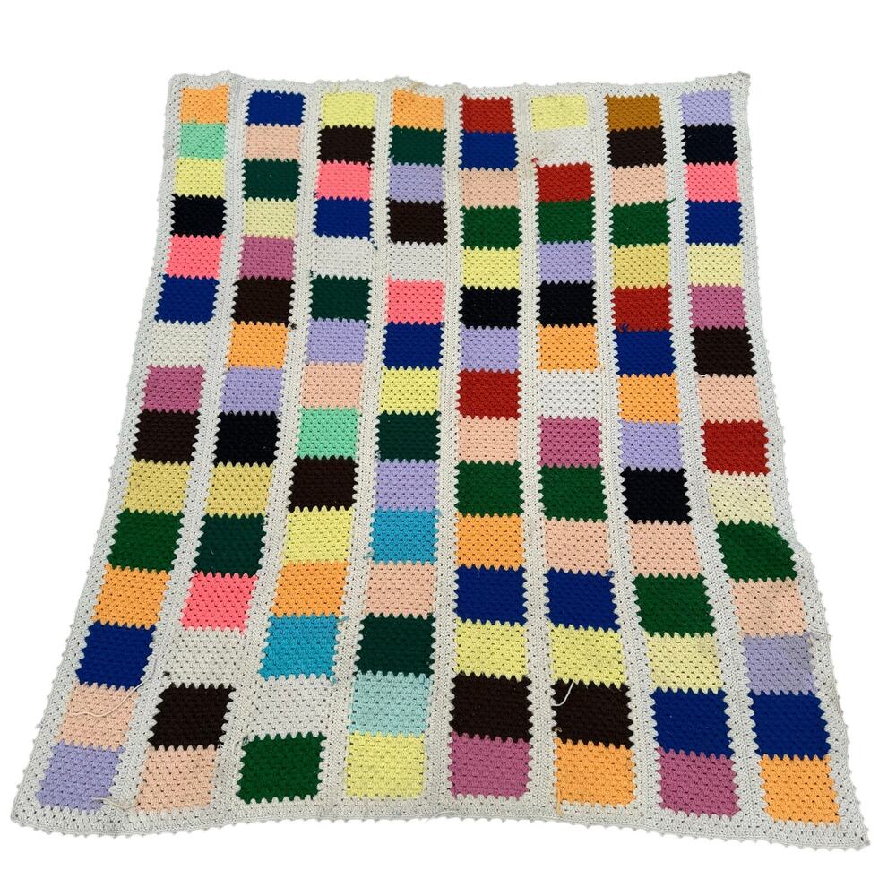 Vintage Granny Square Crochet Multicolor Handmade Blanket 56.5x66.5 Heavy Fabric
